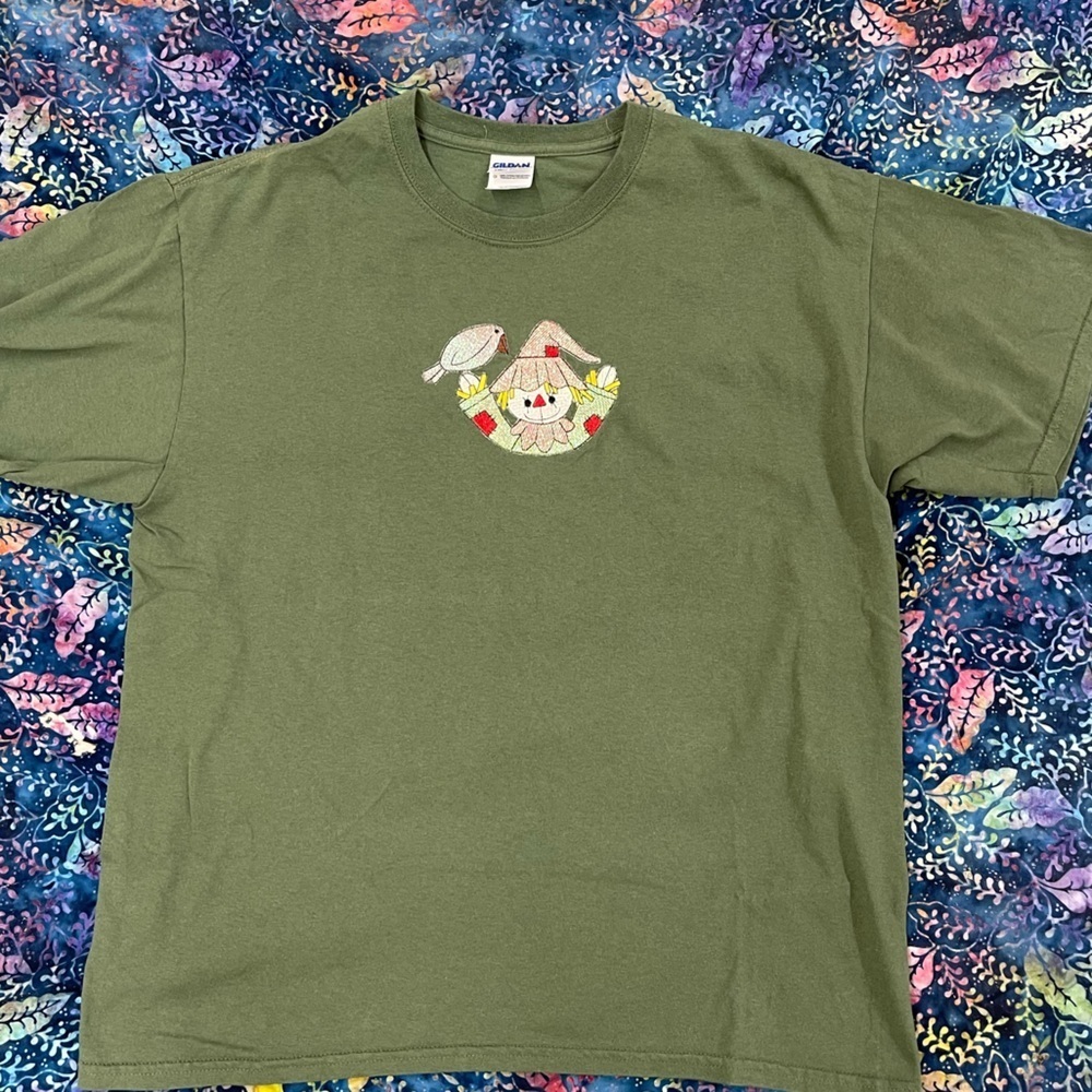 Hand embroidered Scarecrow and Crow T-shirt size Large unisex